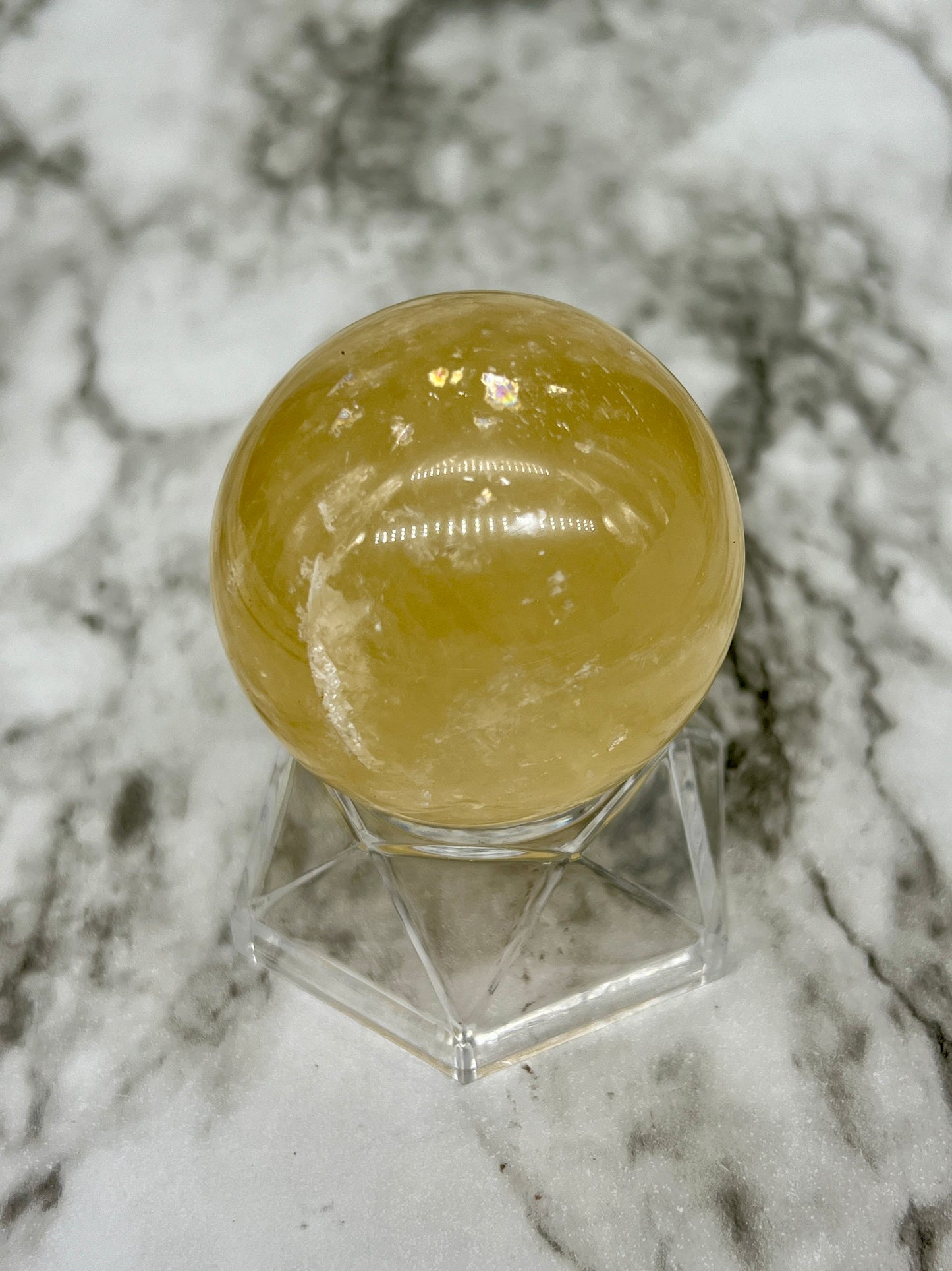 Honey Calcite Sphere π Rainbow Inclusions