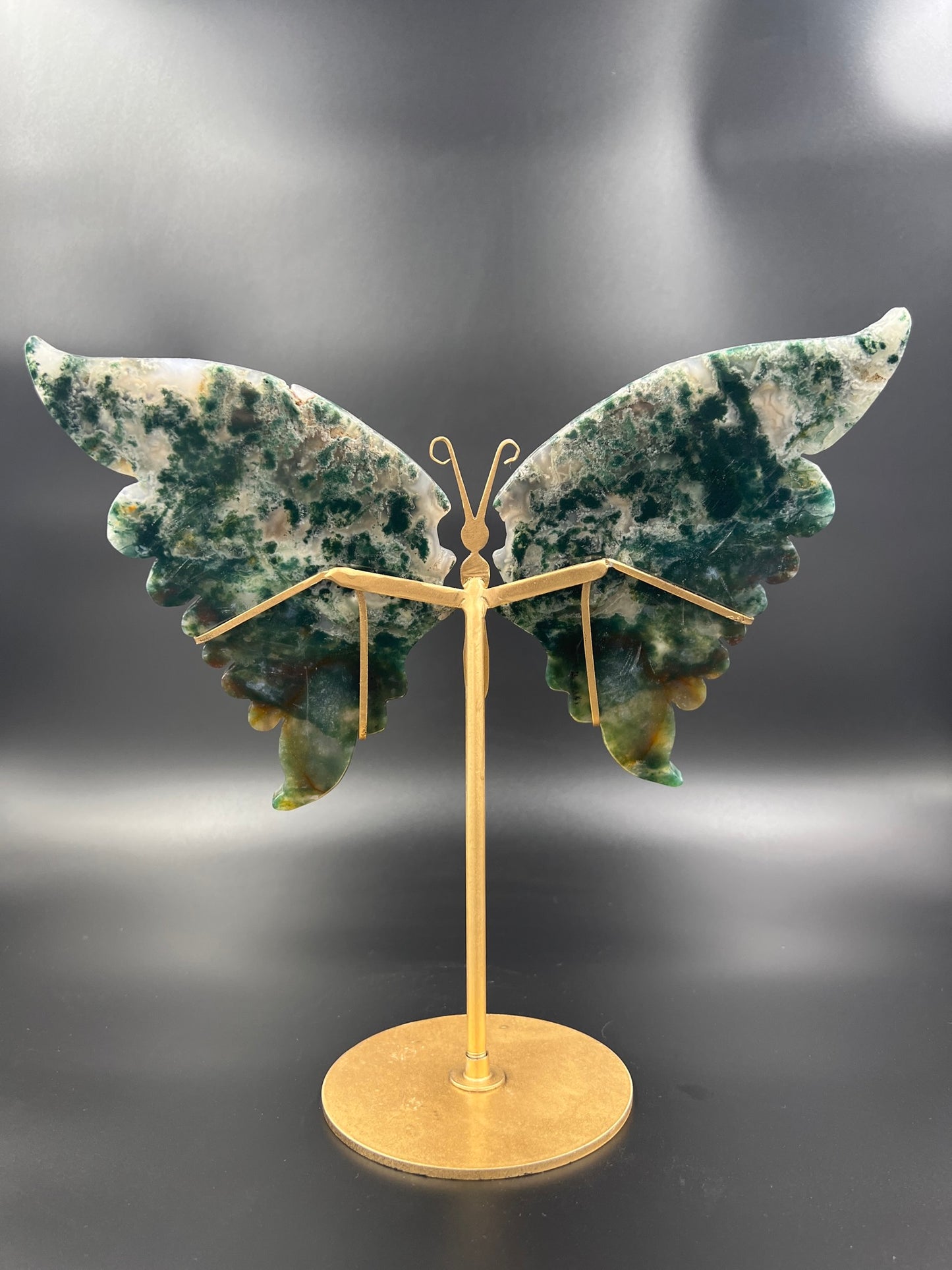 Large Hand Crafted Ocean Jasper Butterfly Wing Carvings with Stand