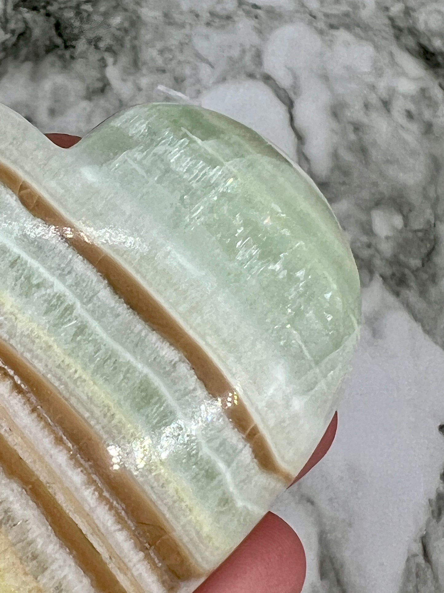 Banded Pistachio Calcite Heart π Rainbow Inclusions