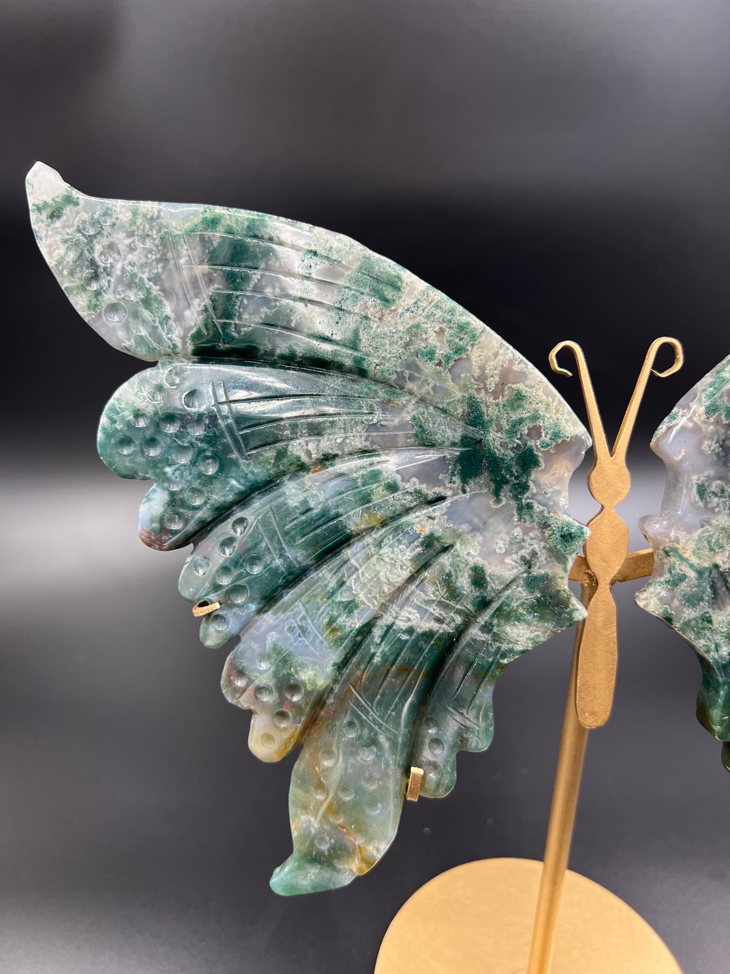 Large Hand Crafted Ocean Jasper Butterfly Wing Carvings with Stand