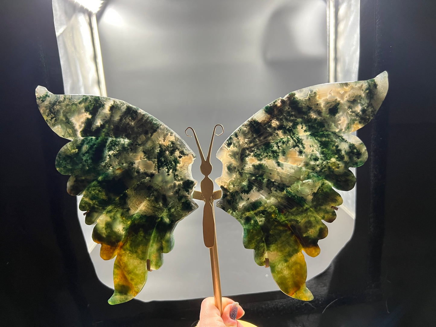 Large Hand Crafted Ocean Jasper Butterfly Wing Carvings with Stand
