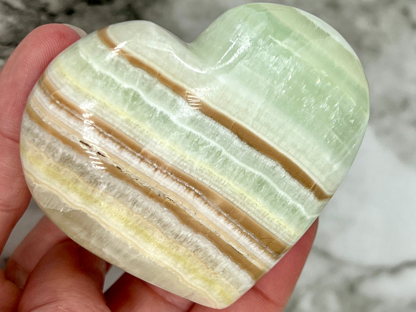 Banded Pistachio Calcite Heart π Rainbow Inclusions