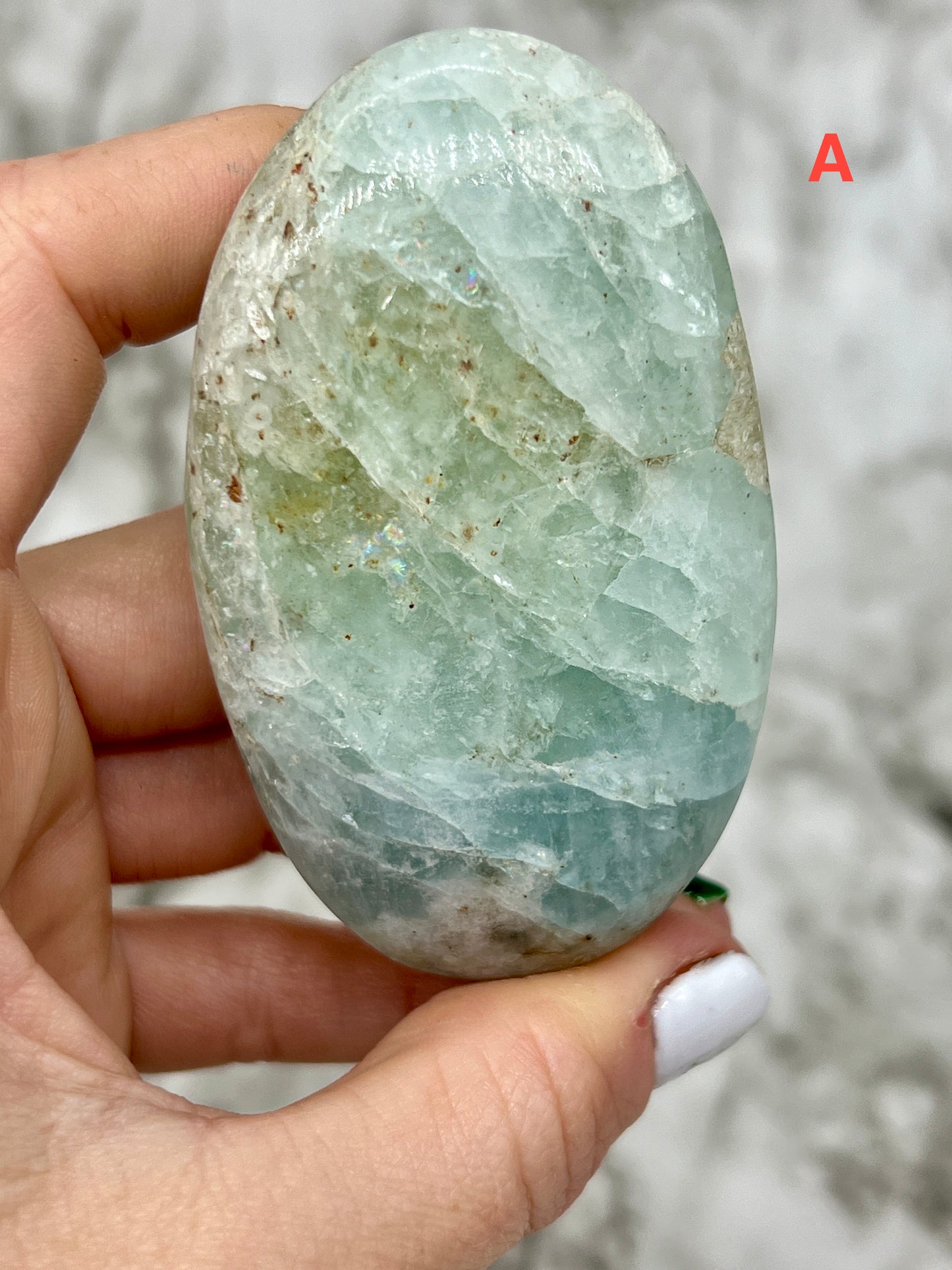 Aquamarine Palm Stone π Rainbow Inclusions