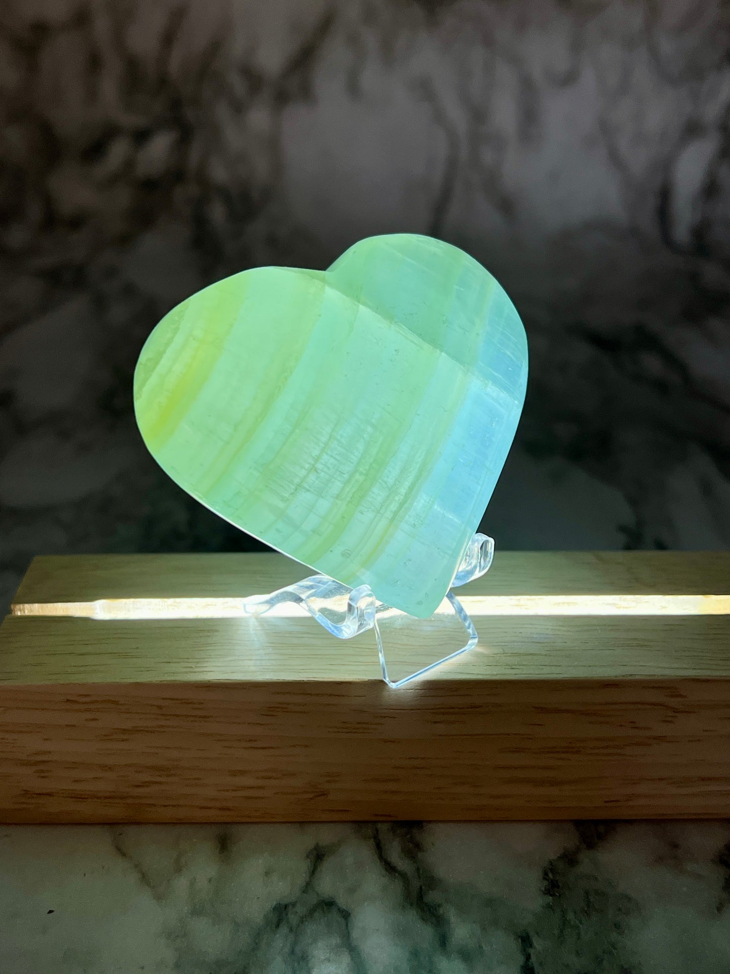 Pistachio Calcite Transparent Heart 🌈 Rainbow Inclusions