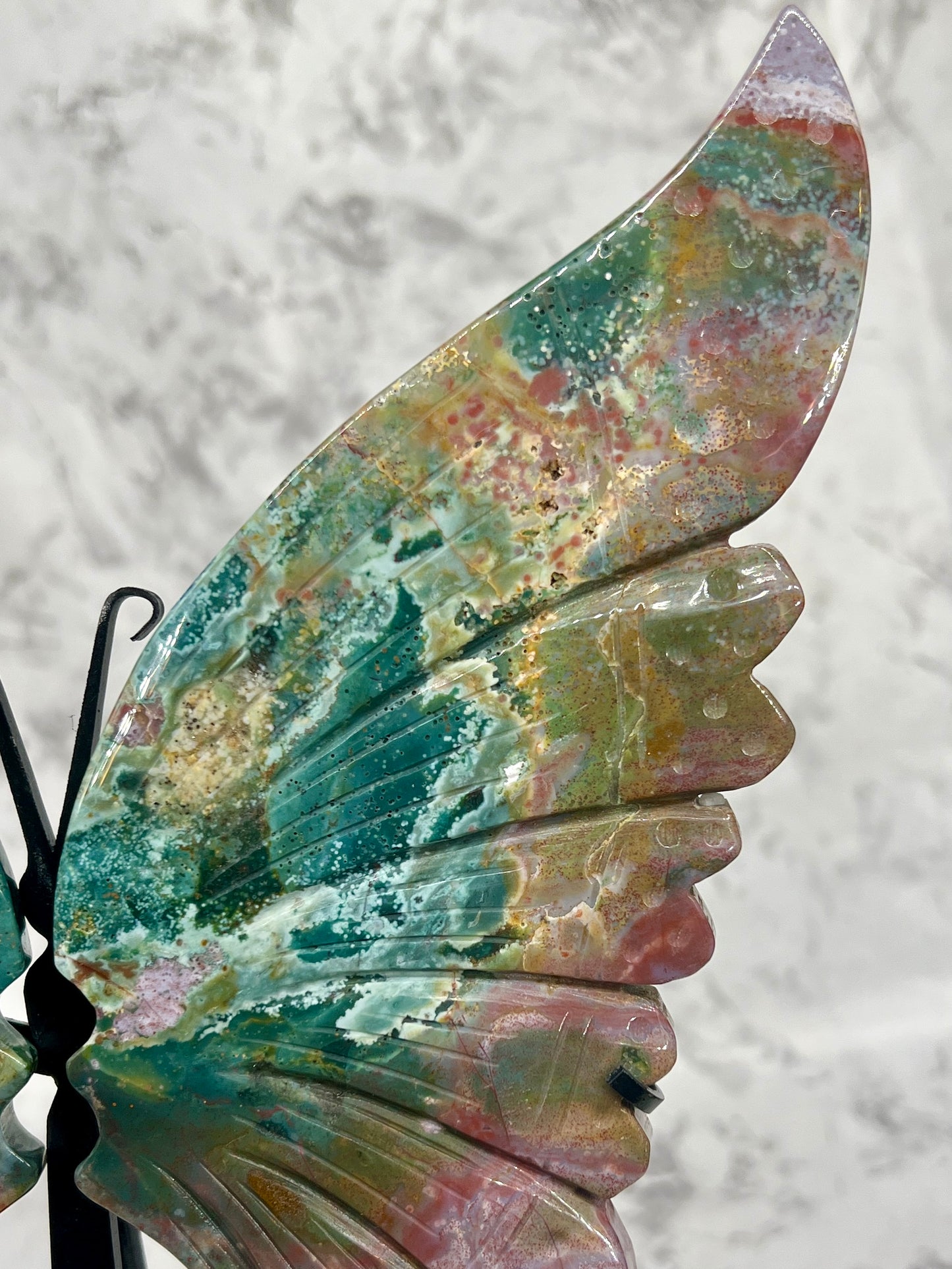 Ocean Jasper Butterfly Wing Carvings with Stand