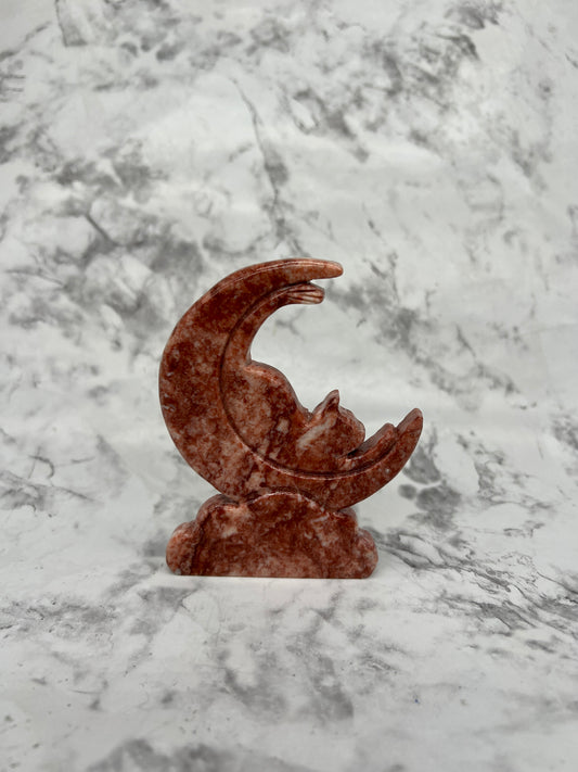 Strawberry Jasper Cat & Moon Carving
