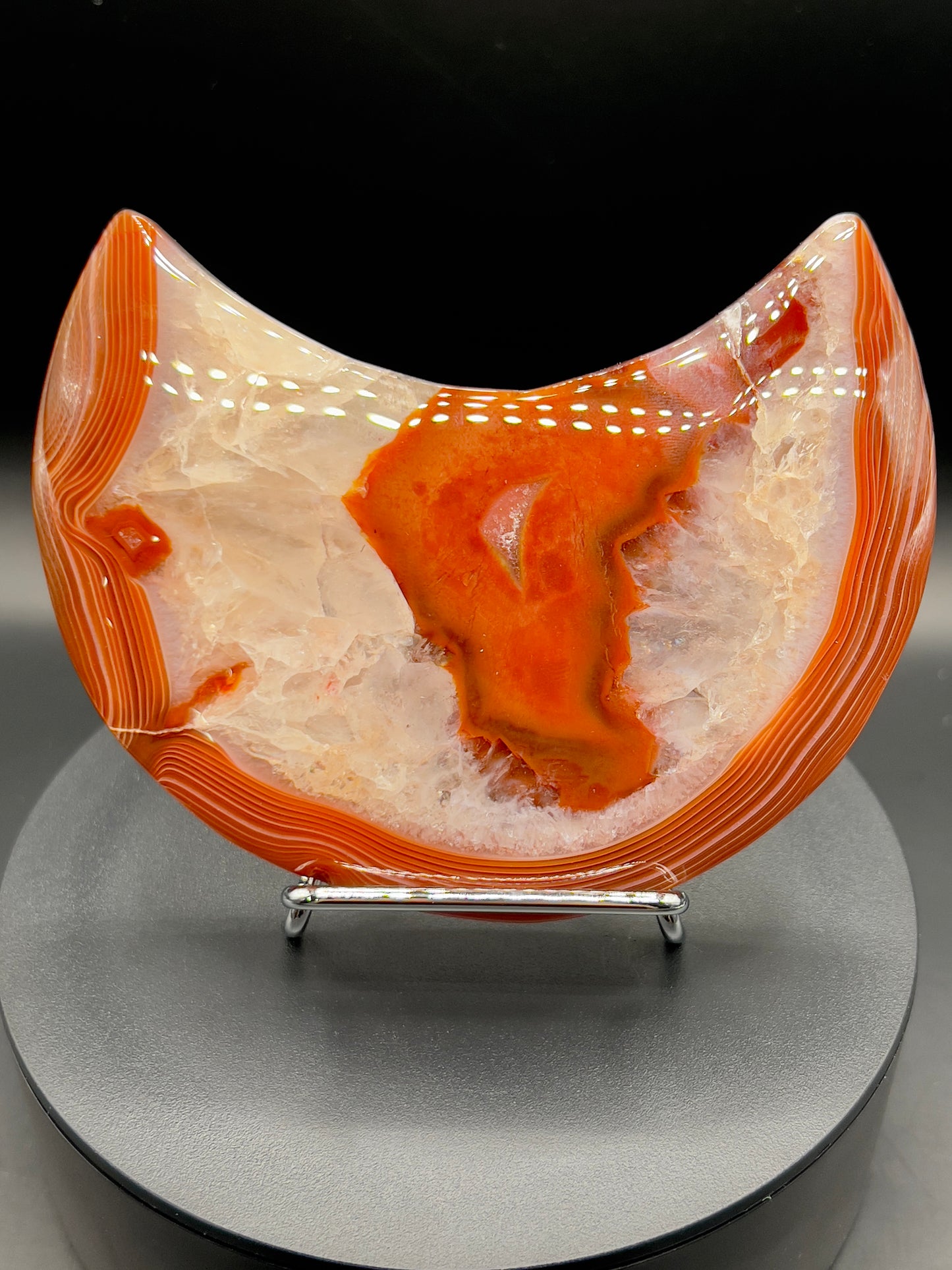 Carnelian Moon Carving with Rainbow Inclusions