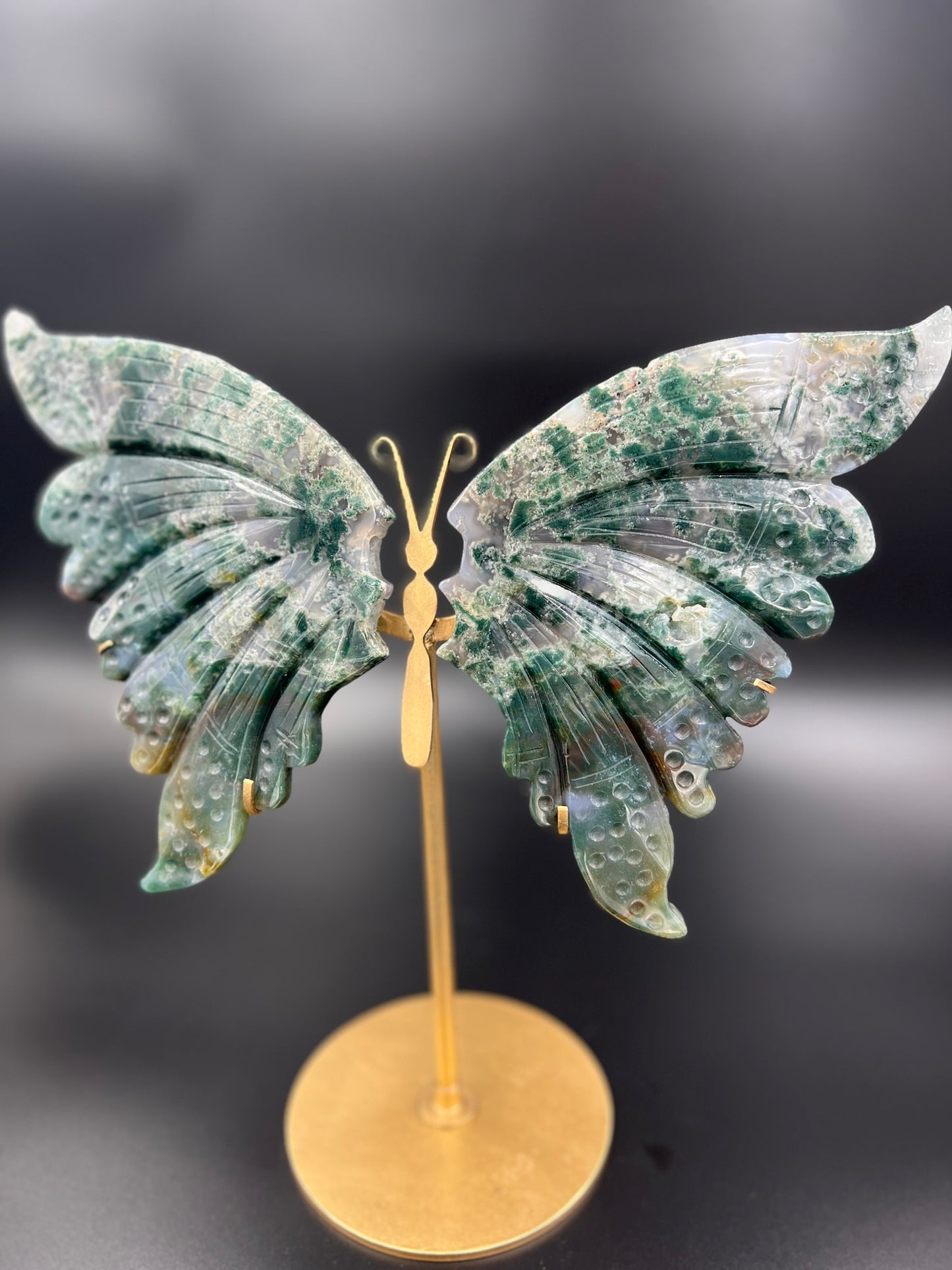 Large Hand Crafted Ocean Jasper Butterfly Wing Carvings with Stand