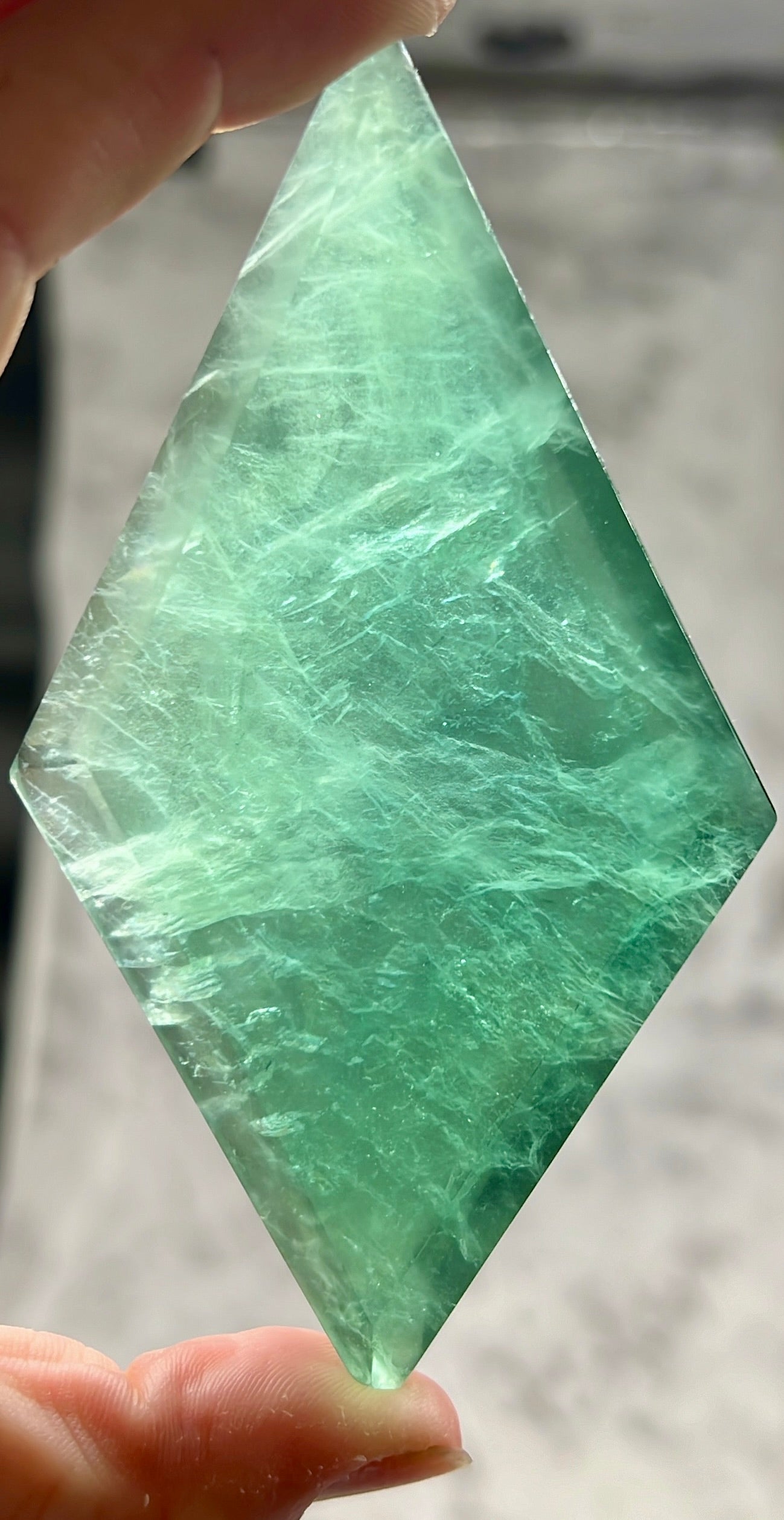 Green Fluorite Rhombus Carving with Stand