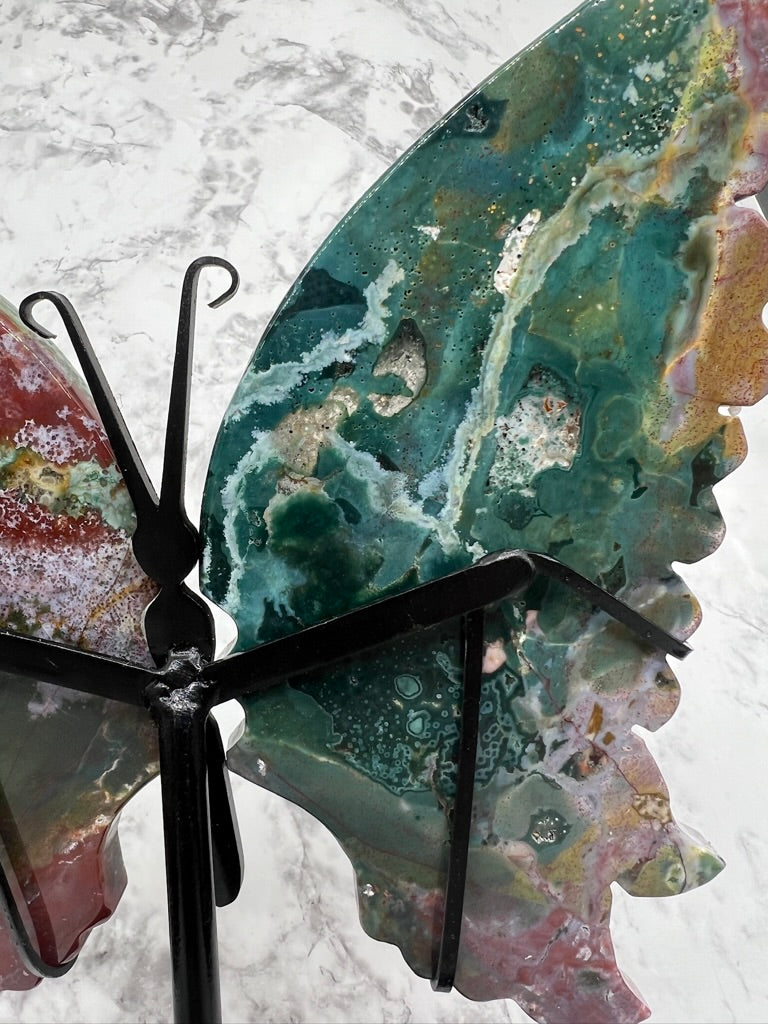 Ocean Jasper Butterfly Wing Carvings with Stand