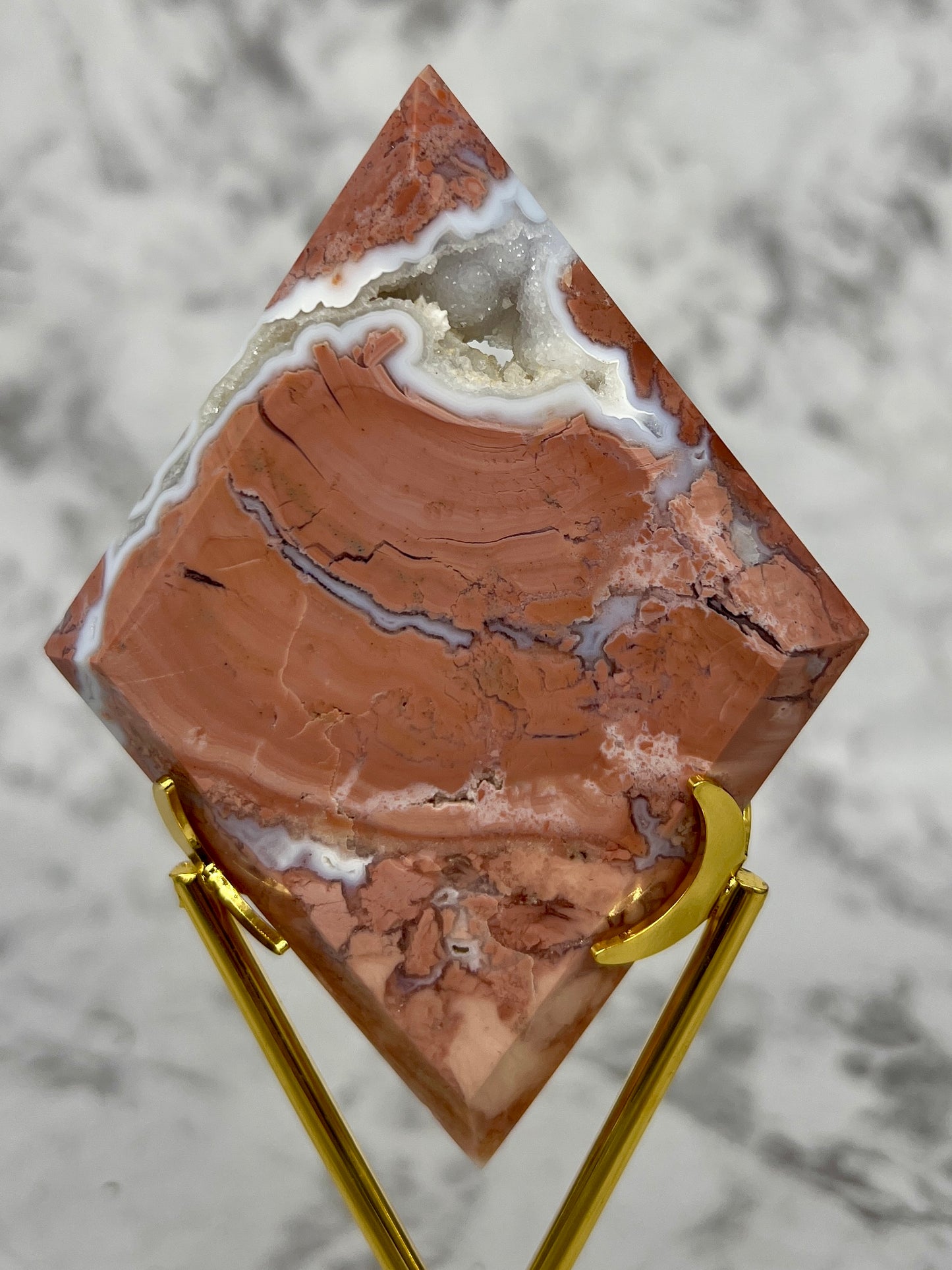 Pink Petal Agate Rhombus Carving with Druzy Cave & Stand