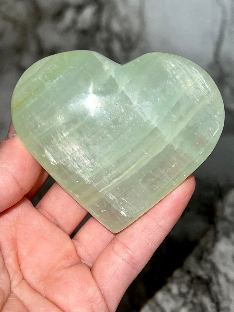 Pistachio Calcite Transparent Heart 🌈 Rainbow Inclusions