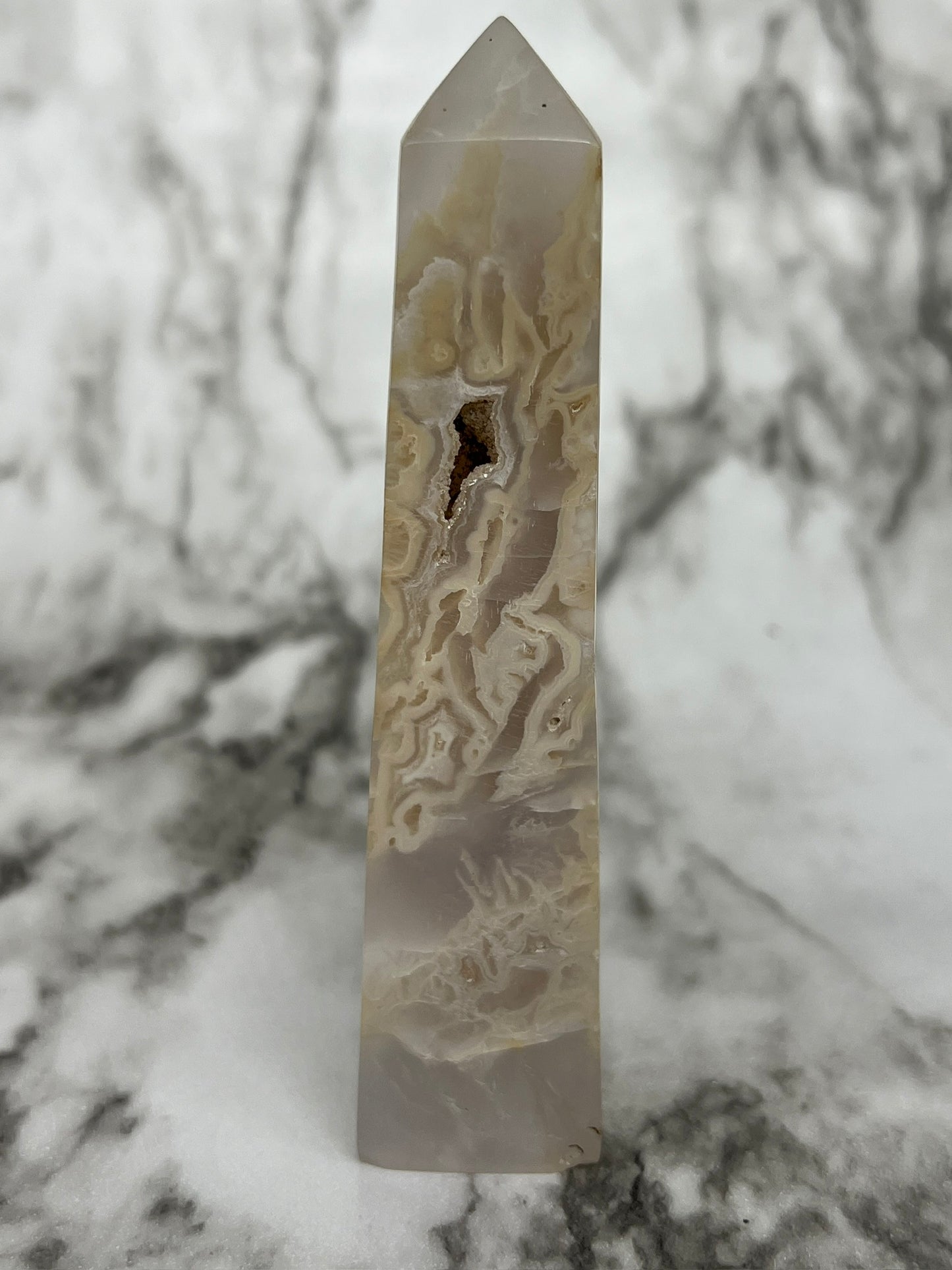 Indonesian Snowflake Agate Tower with Druzy