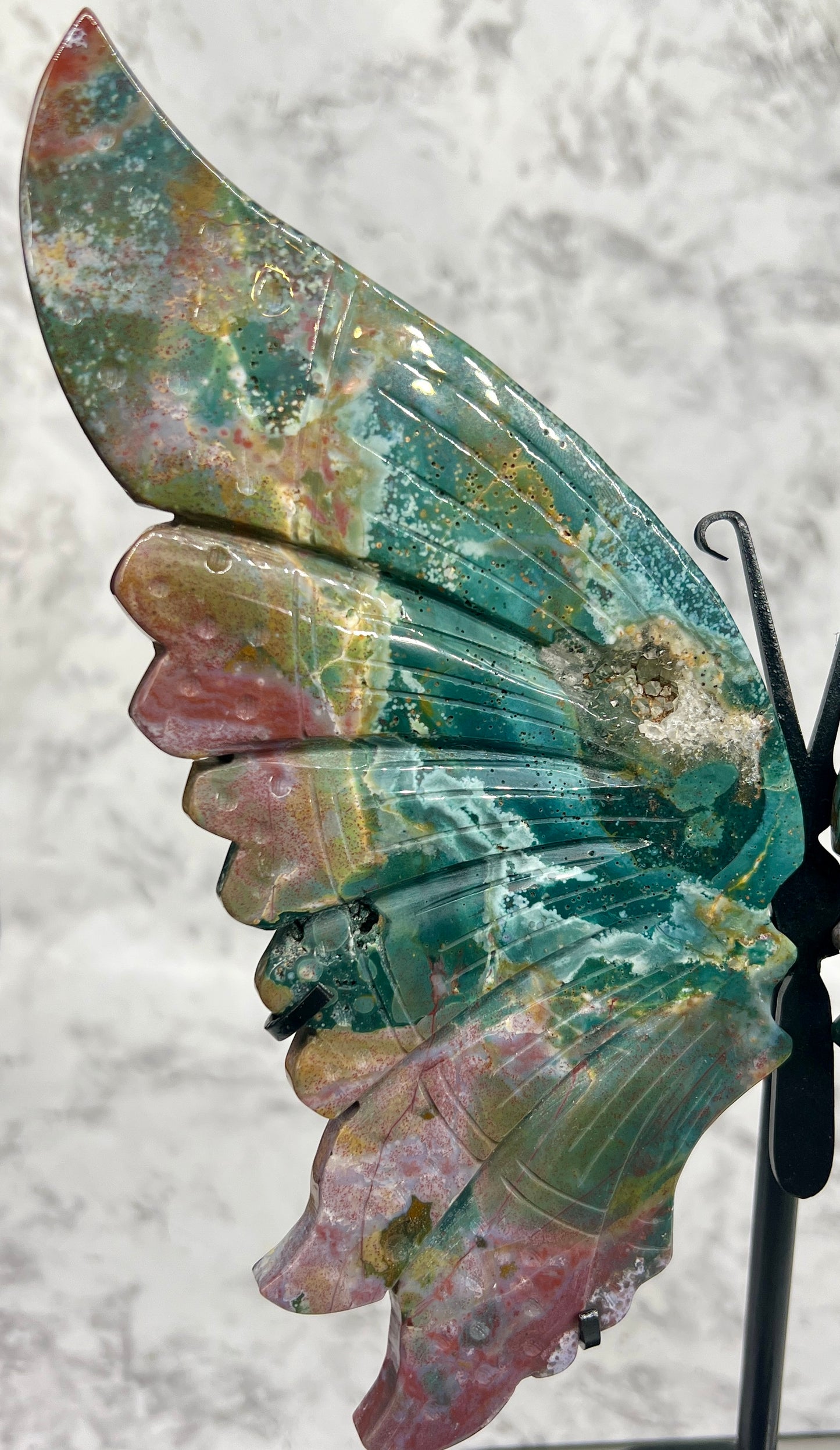 Ocean Jasper Butterfly Wing Carvings with Stand