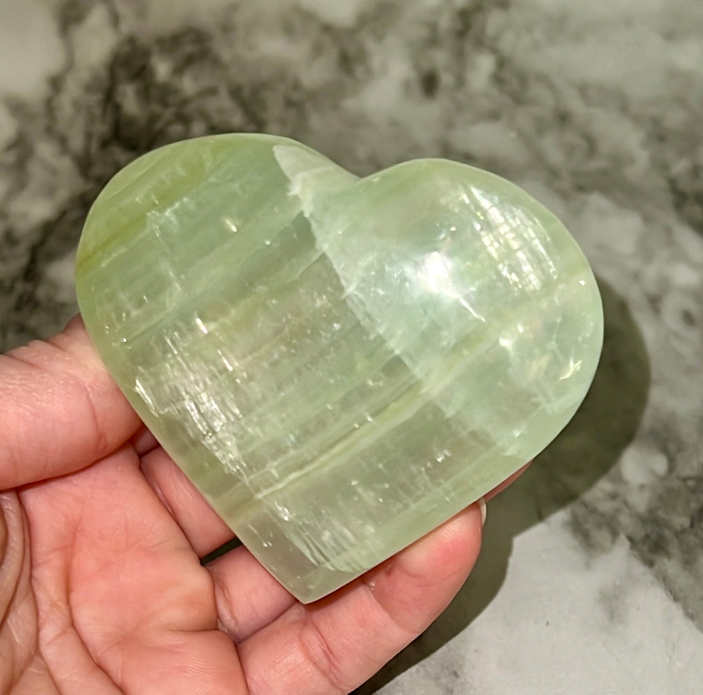 Pistachio Calcite Transparent Heart 🌈 Rainbow Inclusions