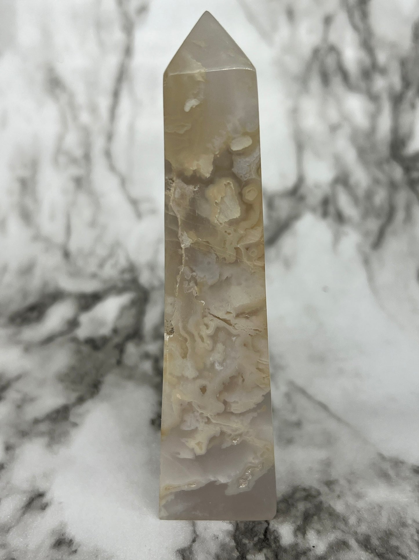 Indonesian Snowflake Agate Tower with Druzy