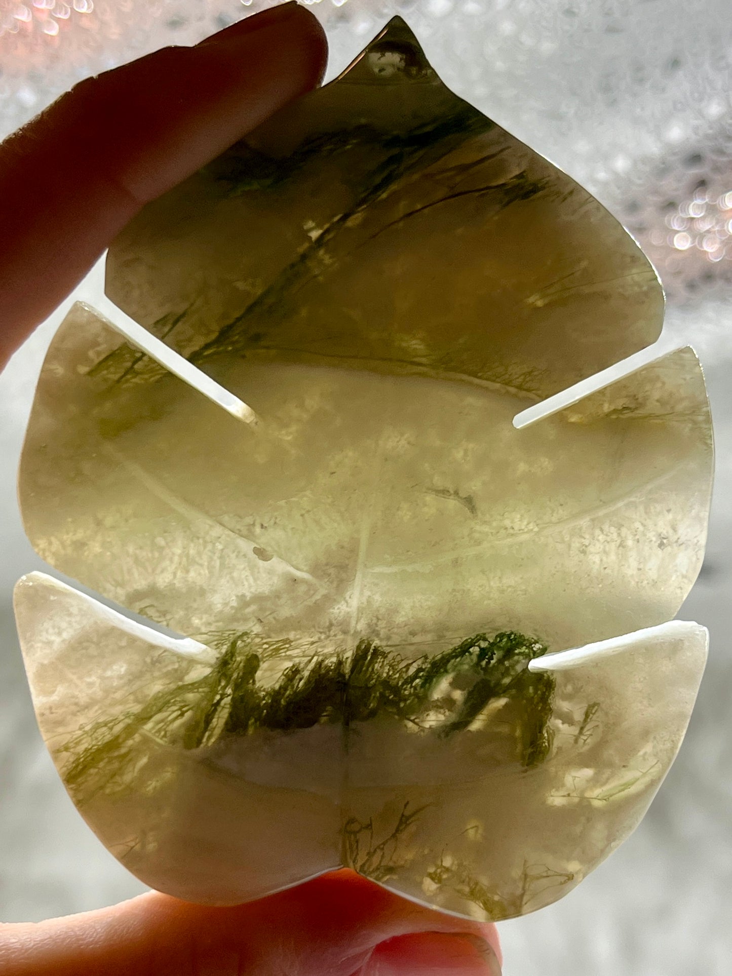 Moss Agate Monstera Leaf Carving