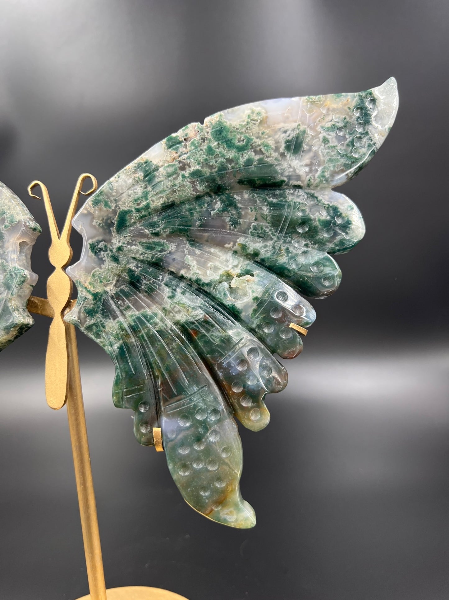 Large Hand Crafted Ocean Jasper Butterfly Wing Carvings with Stand