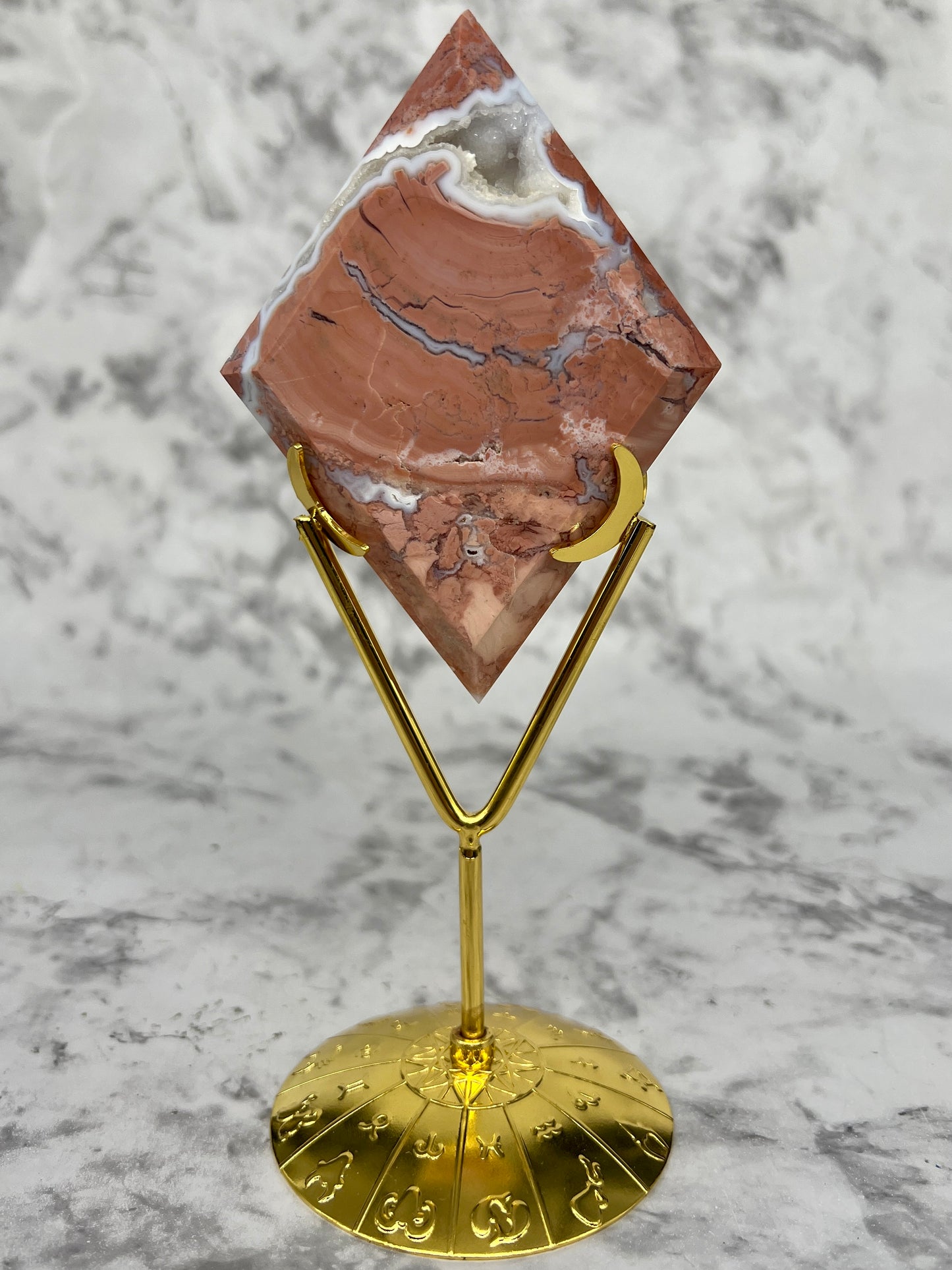 Pink Petal Agate Rhombus Carving with Druzy Cave & Stand