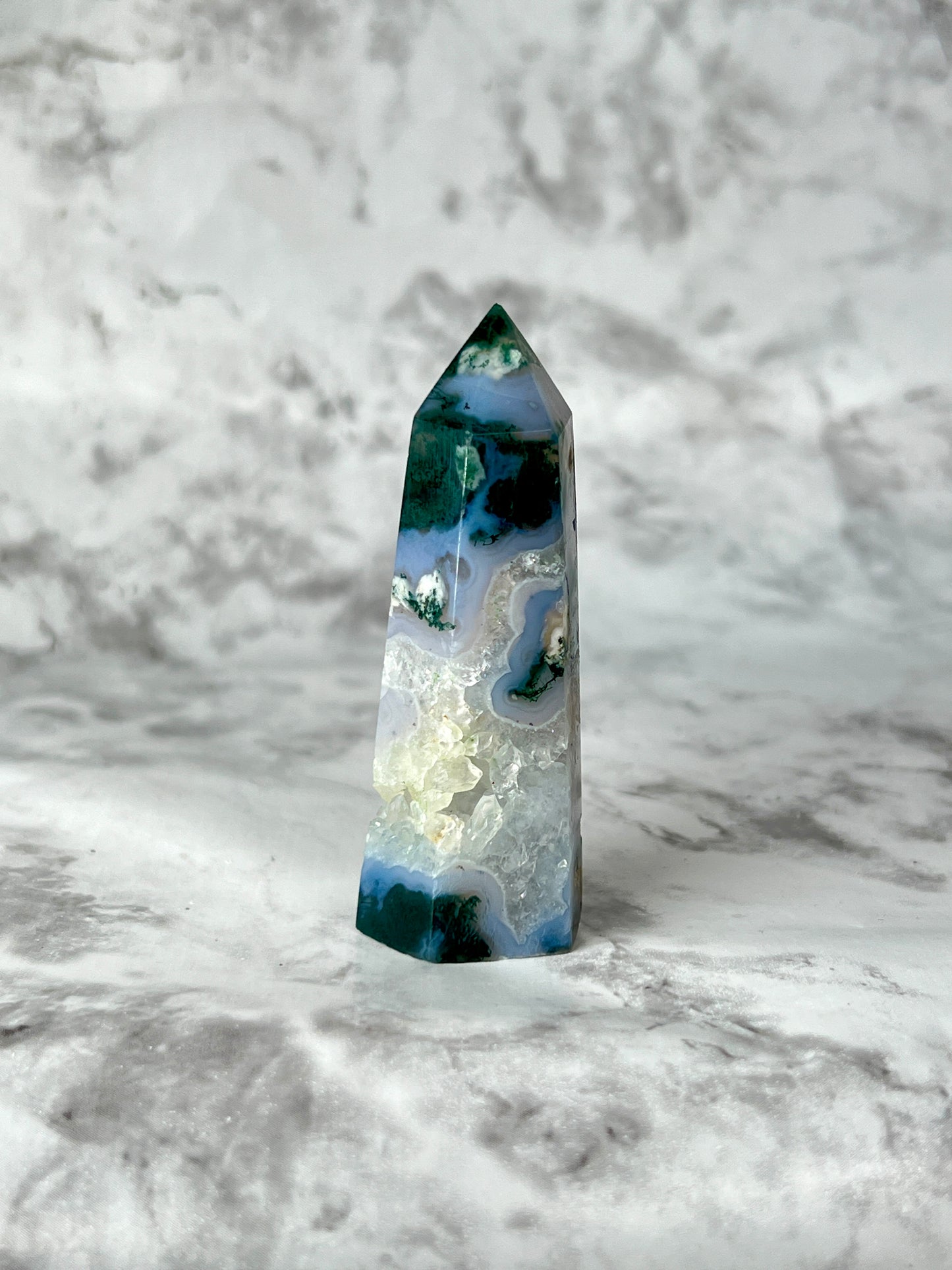 Moss Agate Point with Amazing Druzy