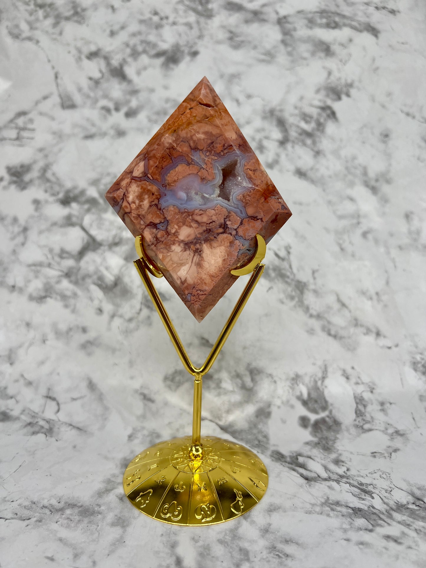 Pink Petal Agate Rhombus Carving with Stand