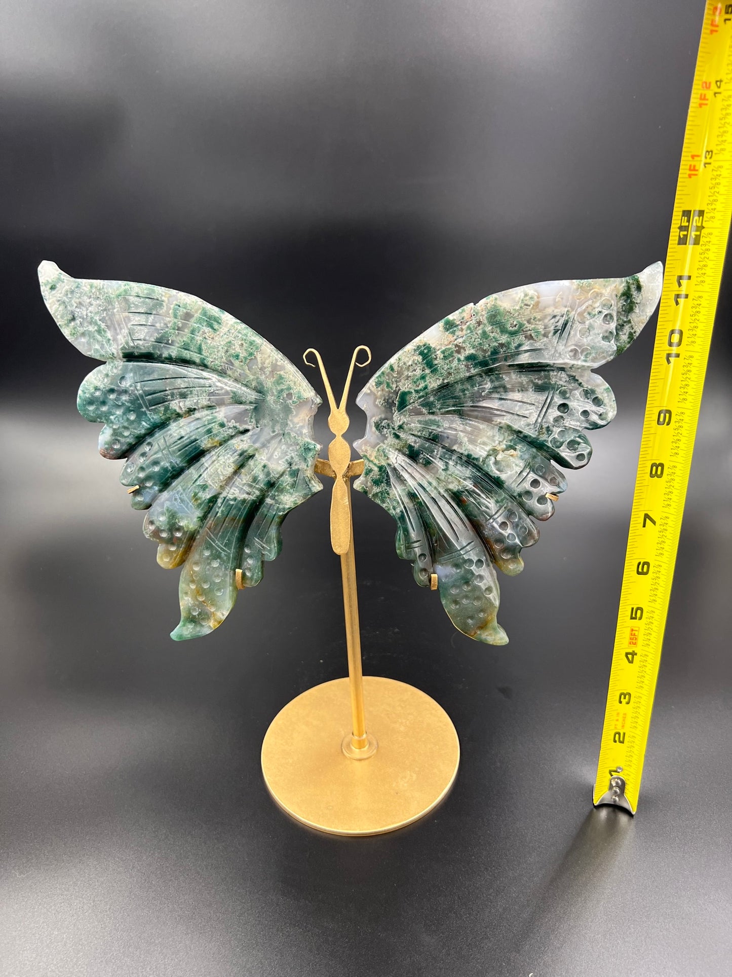 Large Hand Crafted Ocean Jasper Butterfly Wing Carvings with Stand