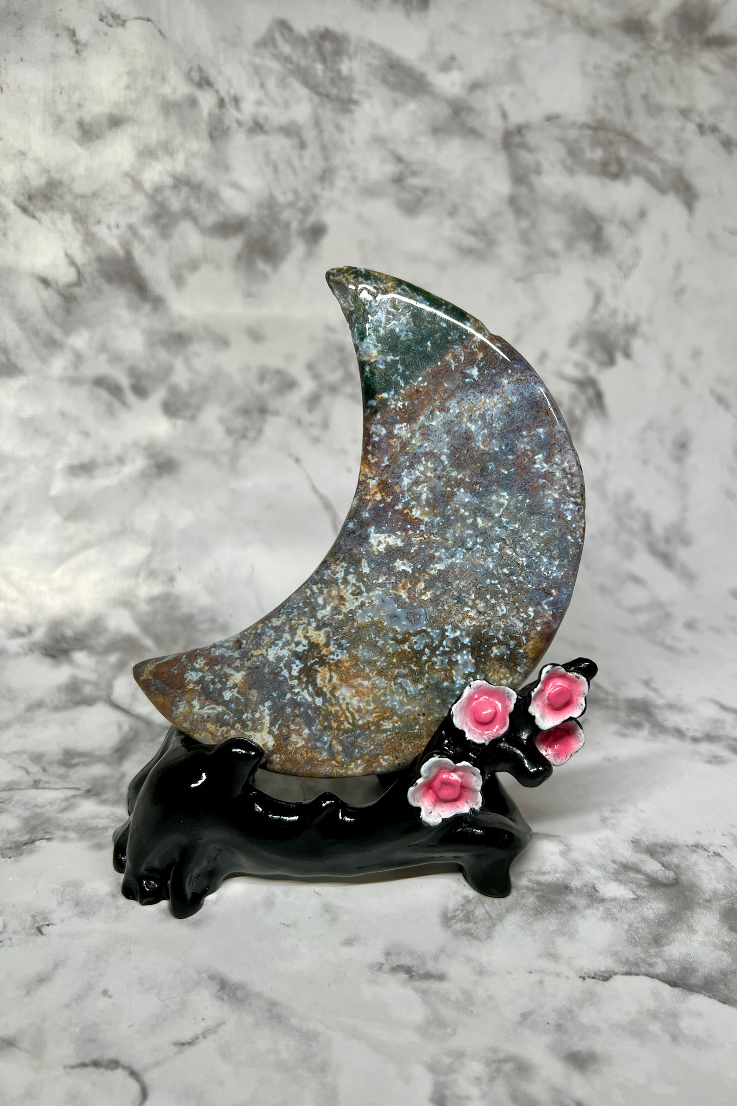 Colorful Moss Agate Moon Carving