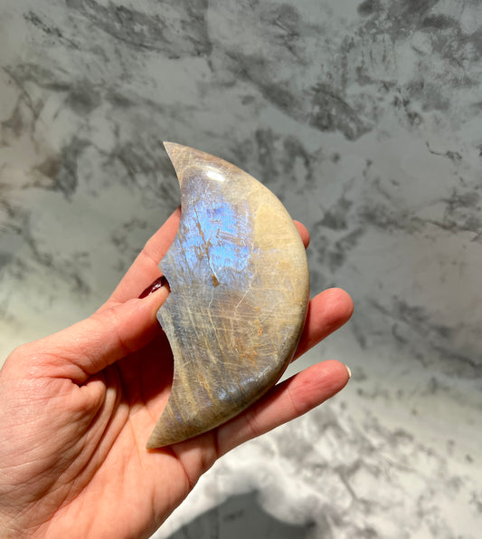 Blue Flash Moonstone & Sunstone Moon Carving