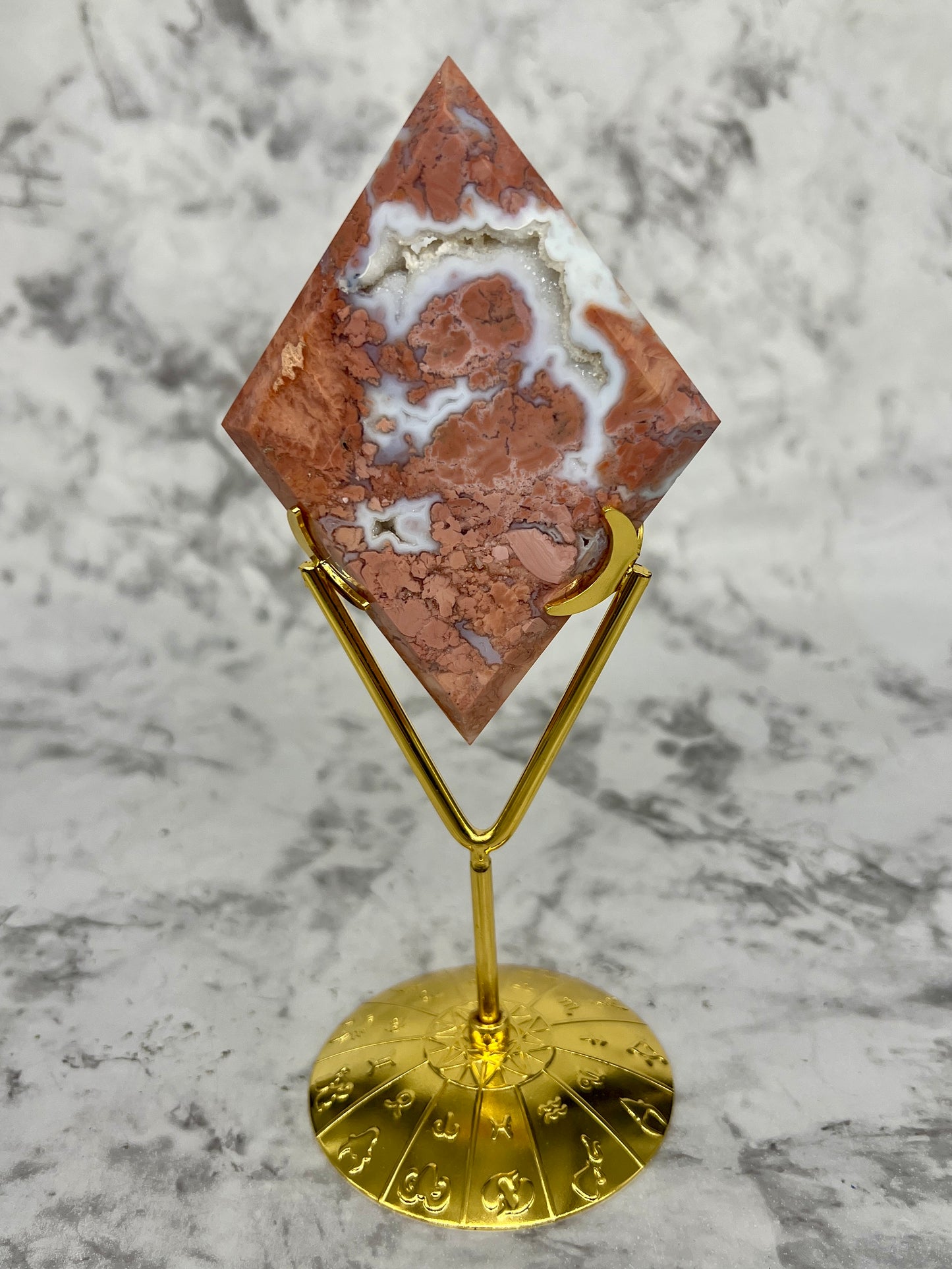 Pink Petal Agate Rhombus Carving with Druzy Cave & Stand