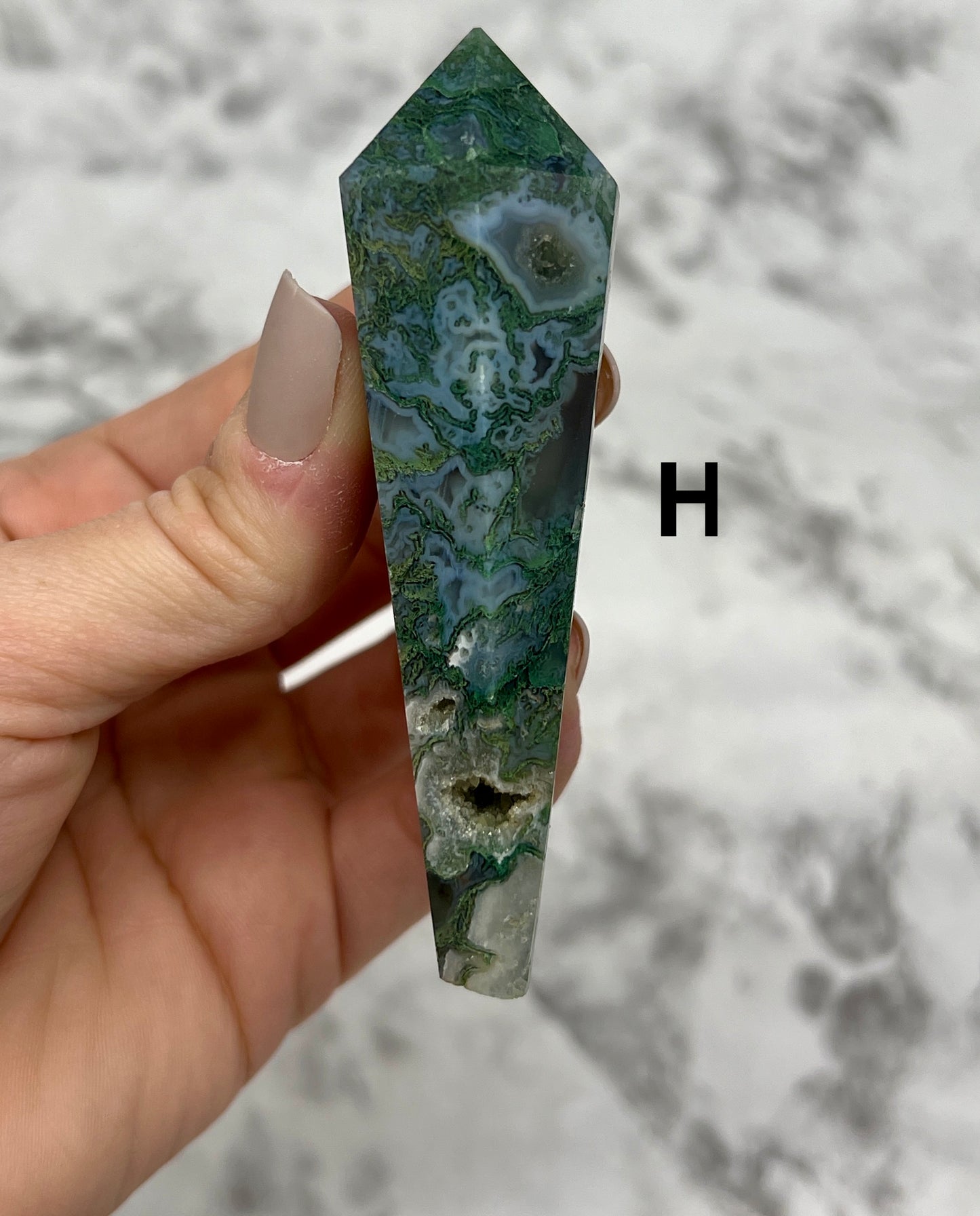 Moss Agate Scepter Carving