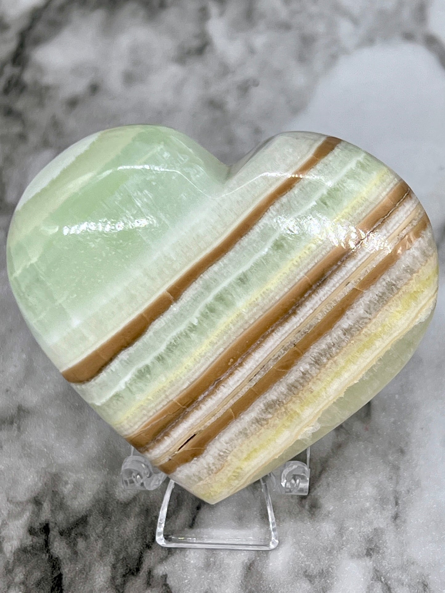 Banded Pistachio Calcite Heart 🌈 Rainbow Inclusions