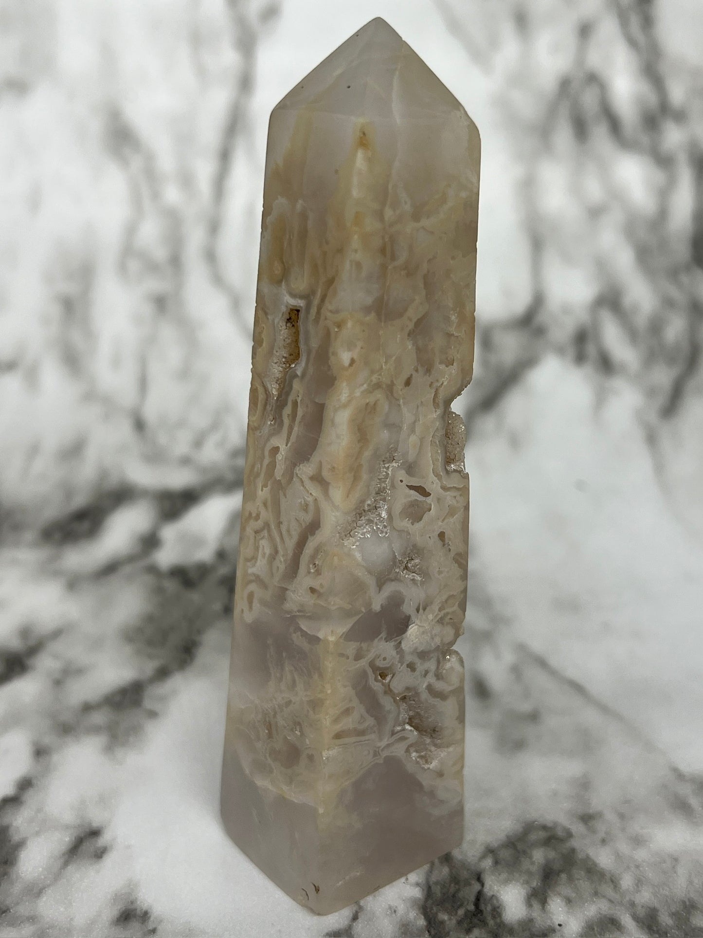 Indonesian Snowflake Agate Tower with Druzy