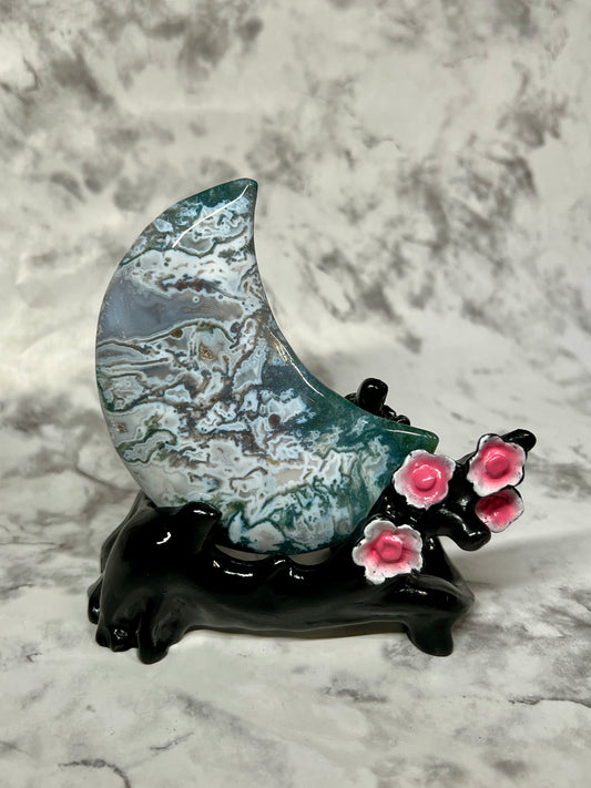 Colorful Moss Agate Moon Carving