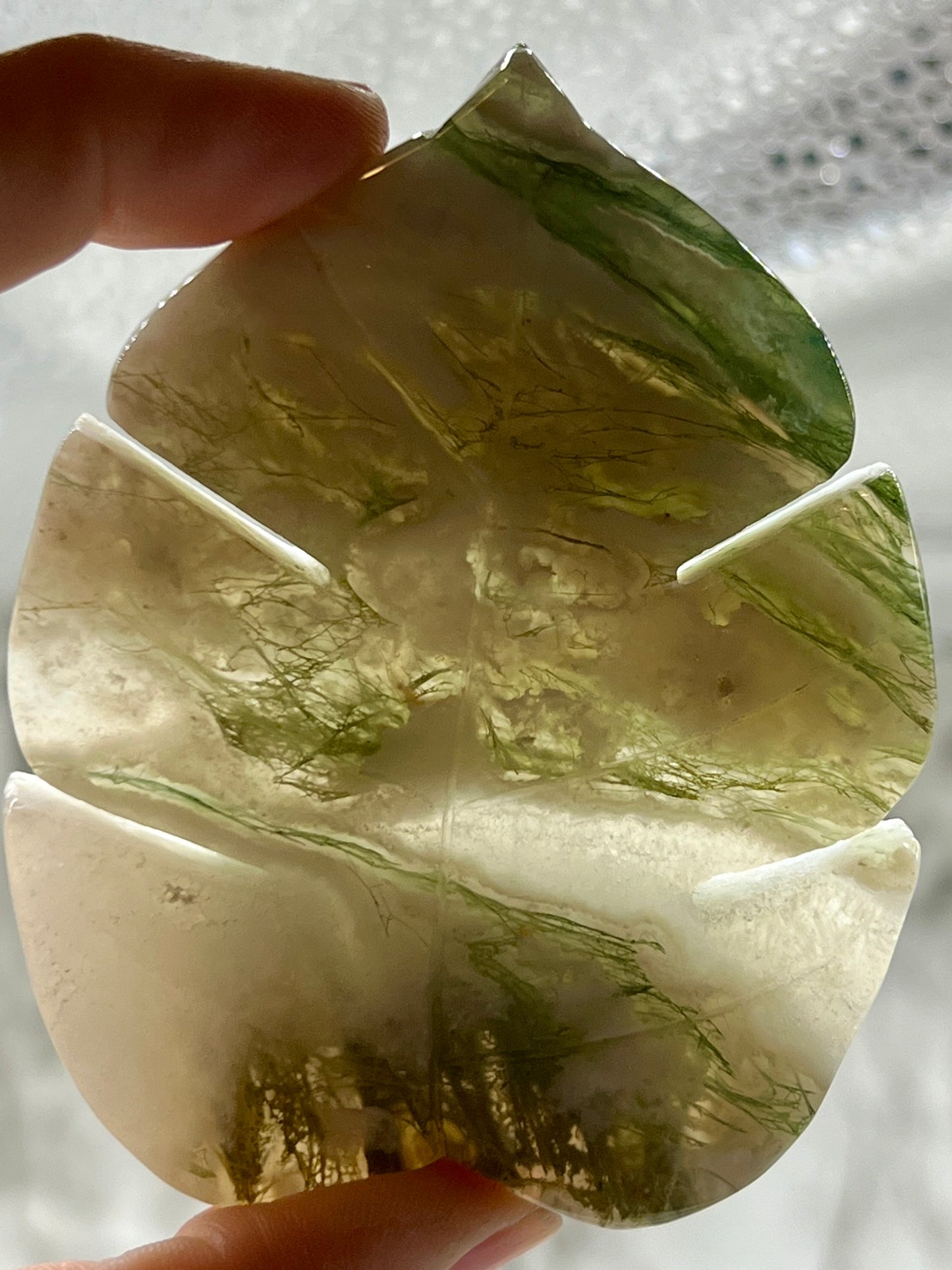 Moss Agate Monstera Leaf Carving