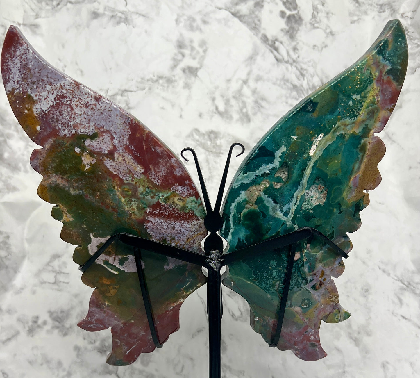 Ocean Jasper Butterfly Wing Carvings with Stand