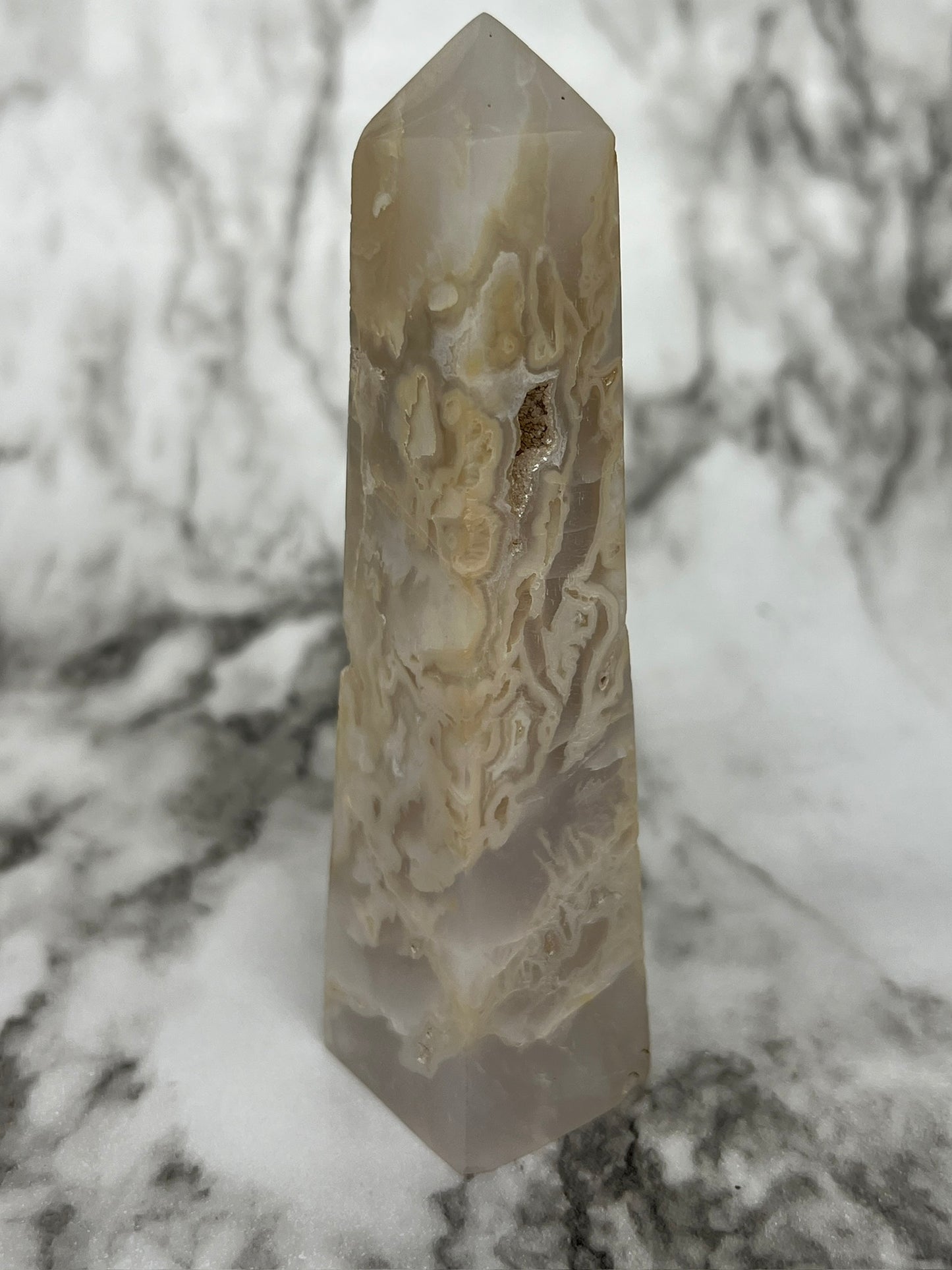 Indonesian Snowflake Agate Tower with Druzy