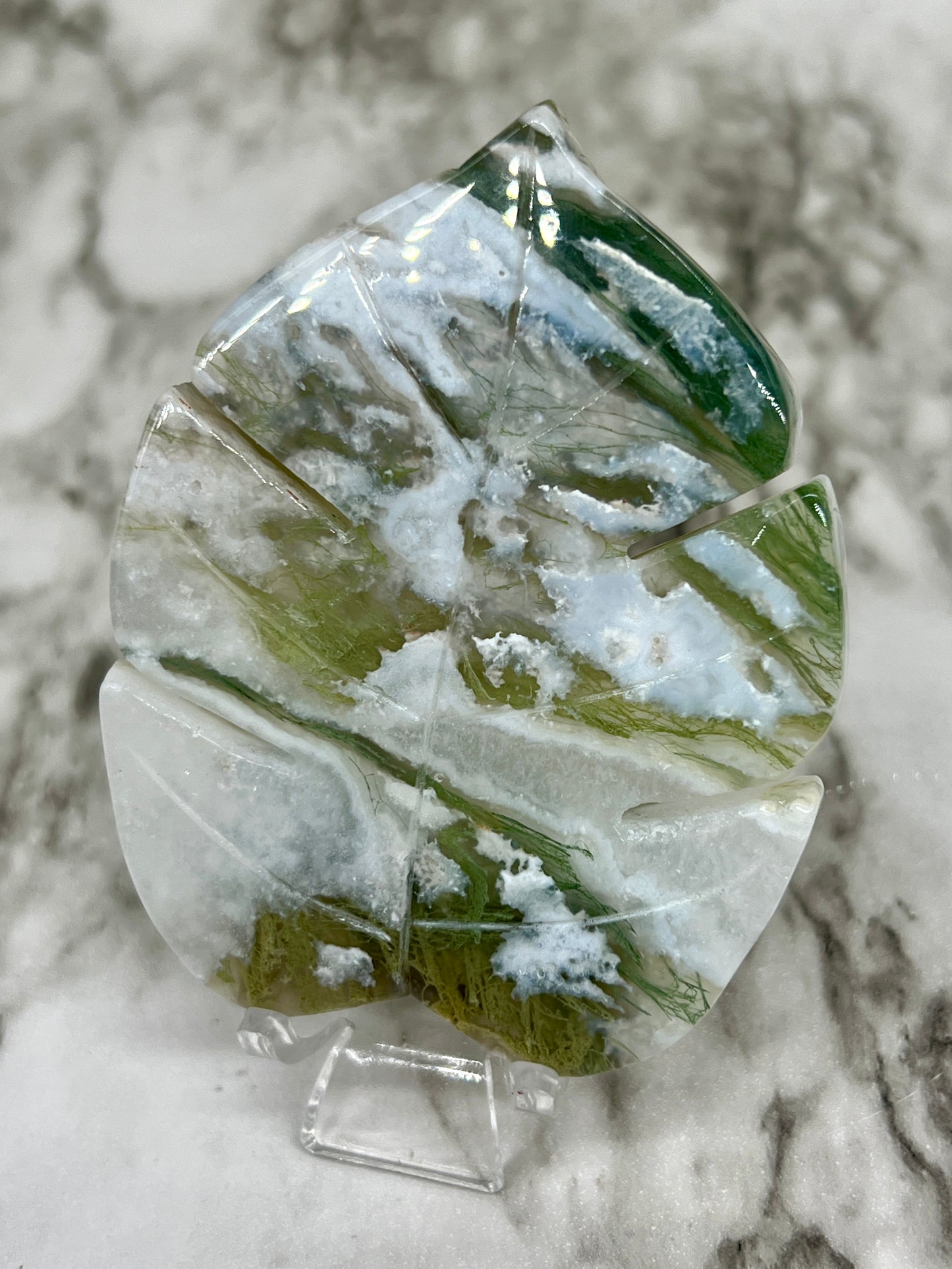 Moss Agate Monstera Leaf Carving