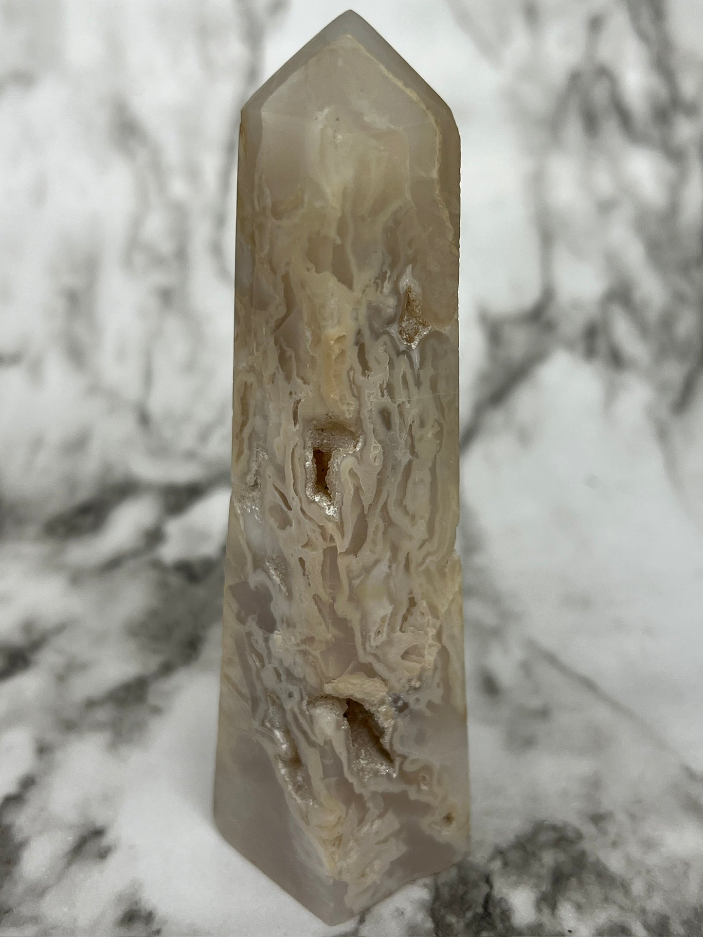 Indonesian Snowflake Agate Tower with Druzy