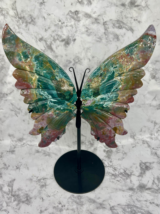 Ocean Jasper Butterfly Wing Carvings with Stand