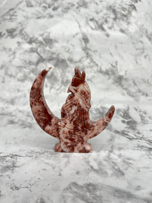Strawberry Jasper Wolf & Moon Carving