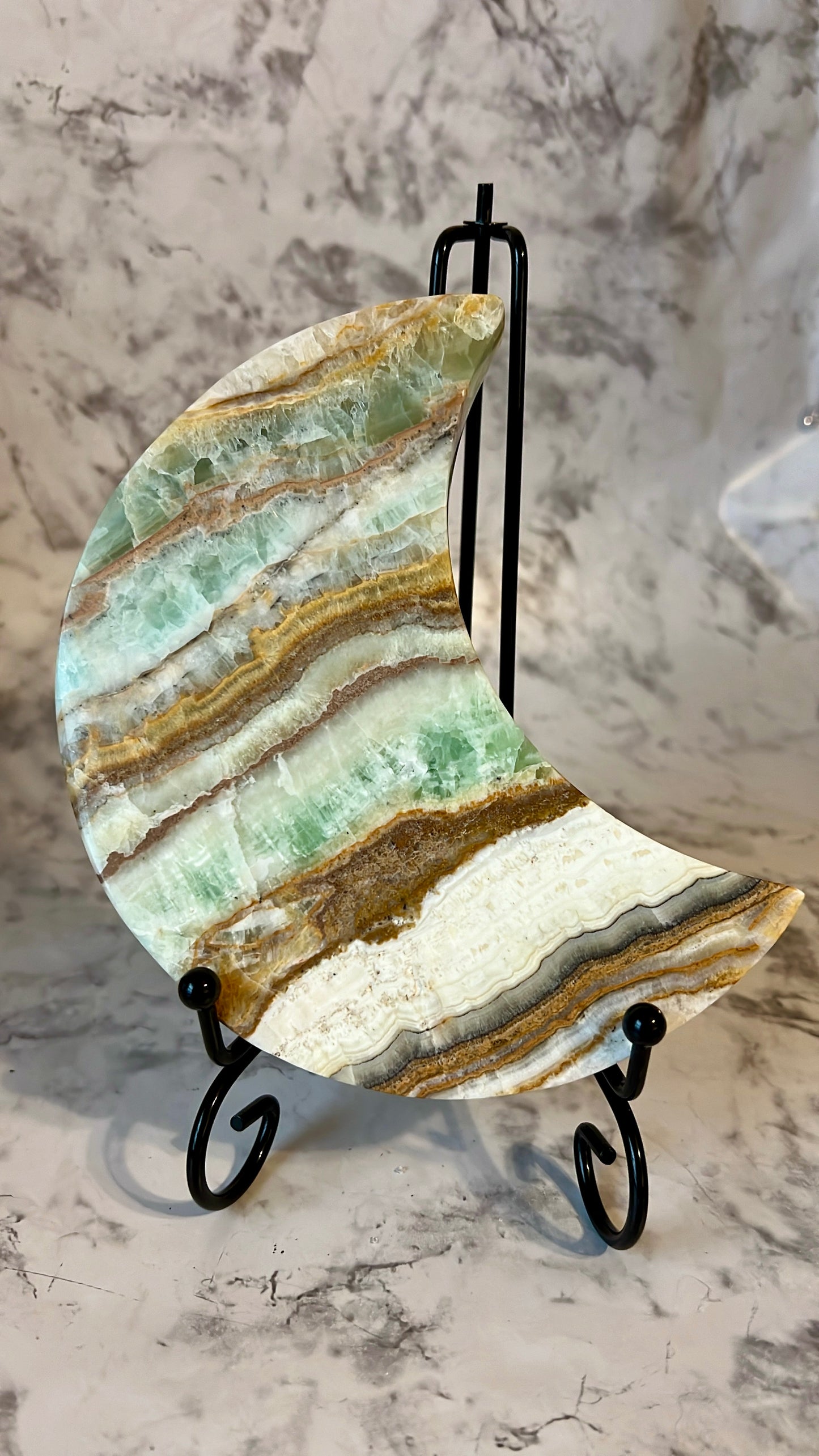 Large Green Calcite Moon Carving