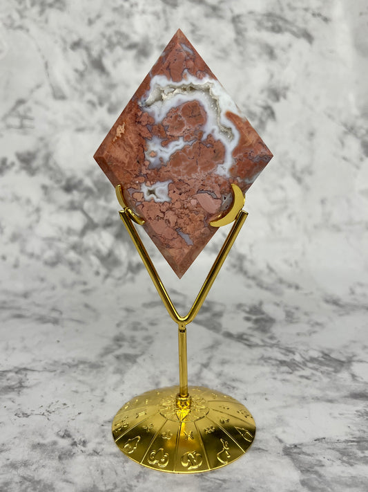 Pink Petal Agate Rhombus Carving with Druzy Cave & Stand